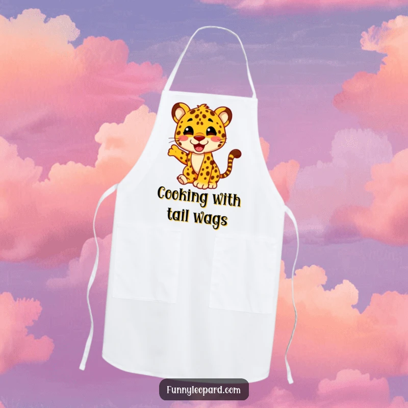 Funny apron showing a happy leopard character energetically wagging its tail, designed for joyful cooking and kitchen protection.