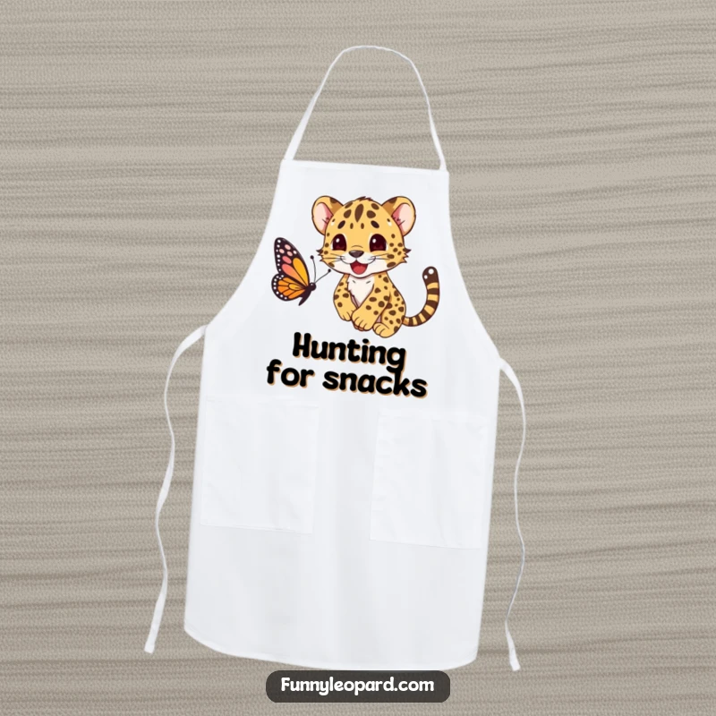 Funny apron with a happy leopard cub character playfully pouncing on a butterfly, bringing humor to the kitchen.