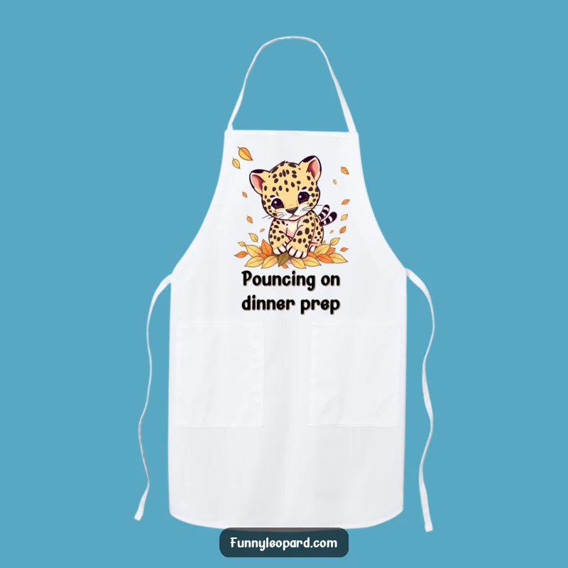 Funny Leopard Cub Pouncing Leaves Apron: Kitchen Fun Gift