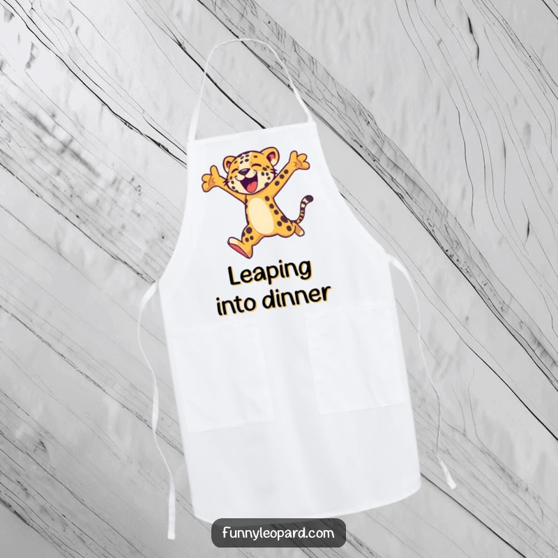 Funny apron featuring a stylized leopard character in a powerful leap, ready for any kitchen adventure with a smile.