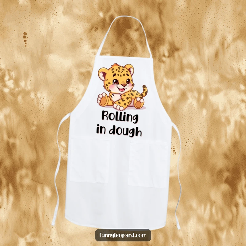 Funny apron decorated with a playful leopard cub cub rolling with a huge grin, adding humor to cooking.
