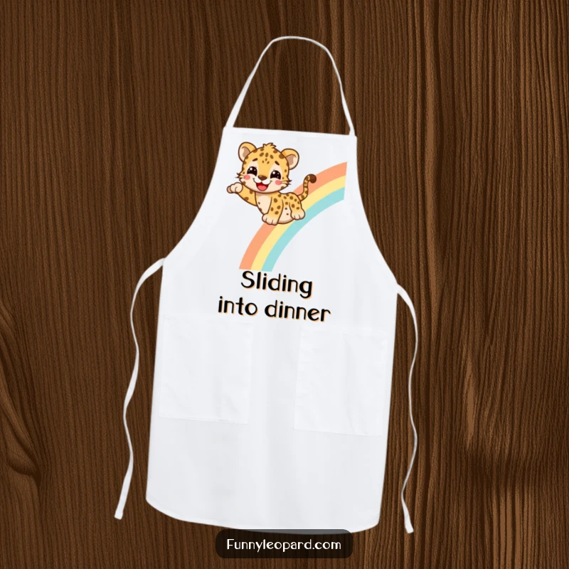 Funny Apron featuring a cheerful leopard with a happy grin sliding down a rainbow, bringing humor and vibrant energy to cooking tasks.