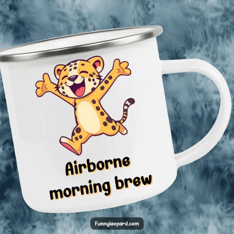 Funny camping mug featuring a stylized leopard in a dynamic leap, perfect for fueling adventures with energy and humor.