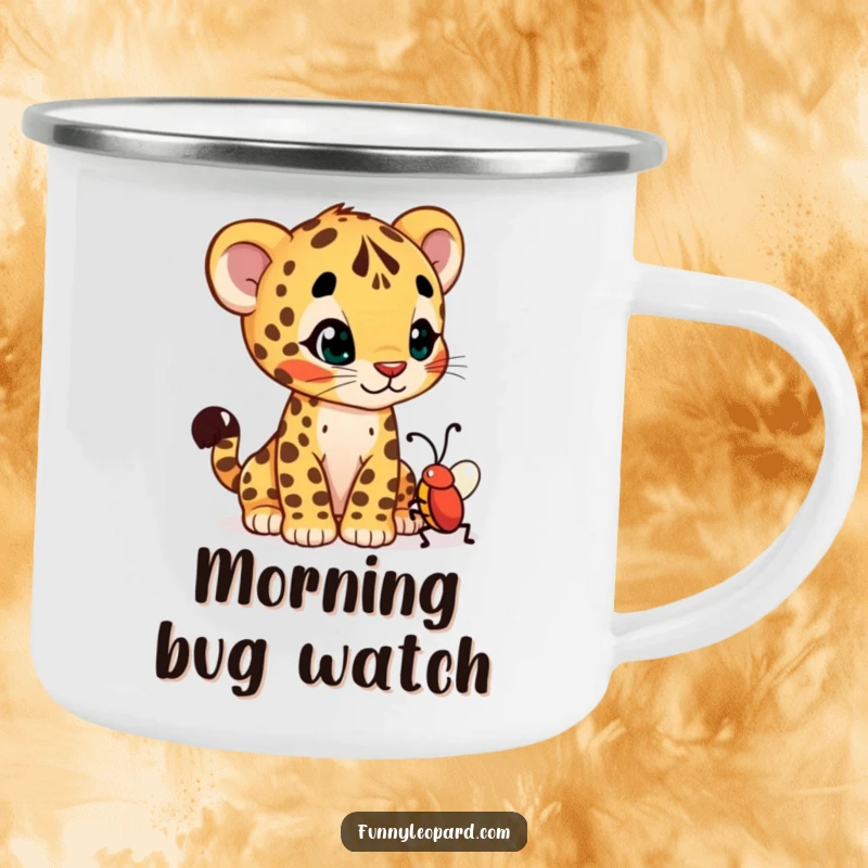 Funny camping mug featuring a curious leopard cub cub tilting its head at a wiggling bug, ideal for nature lovers.