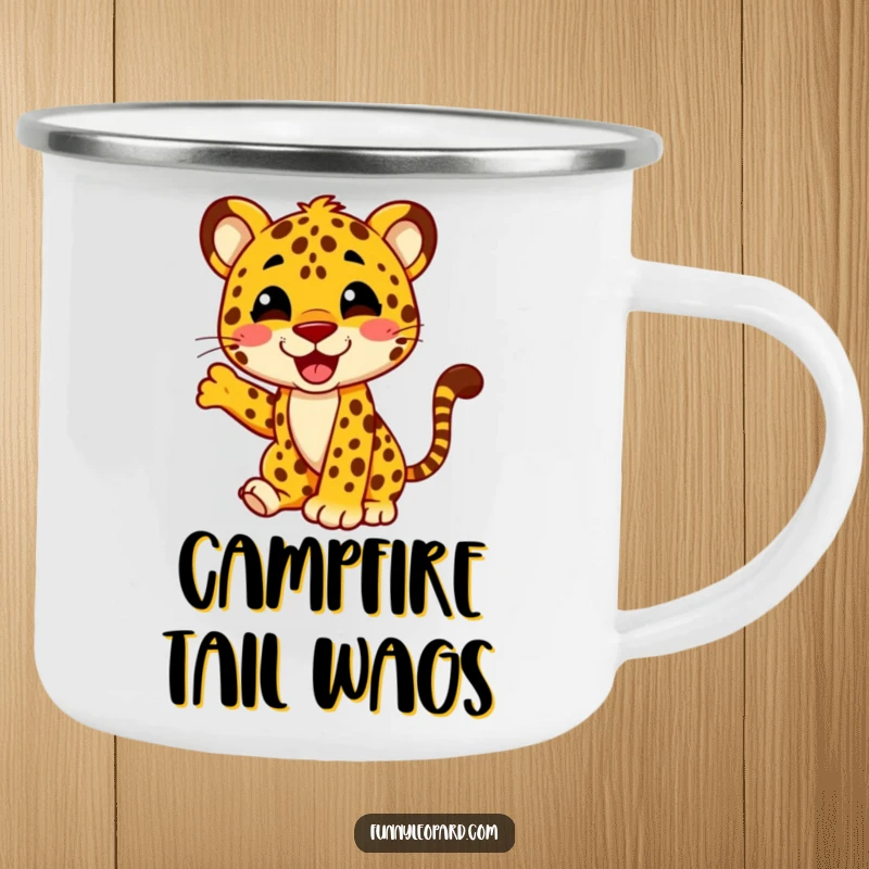 Funny camping mug with a joyful leopard character energetically wagging its tail, perfect for happy campers and outdoor enthusiasts.