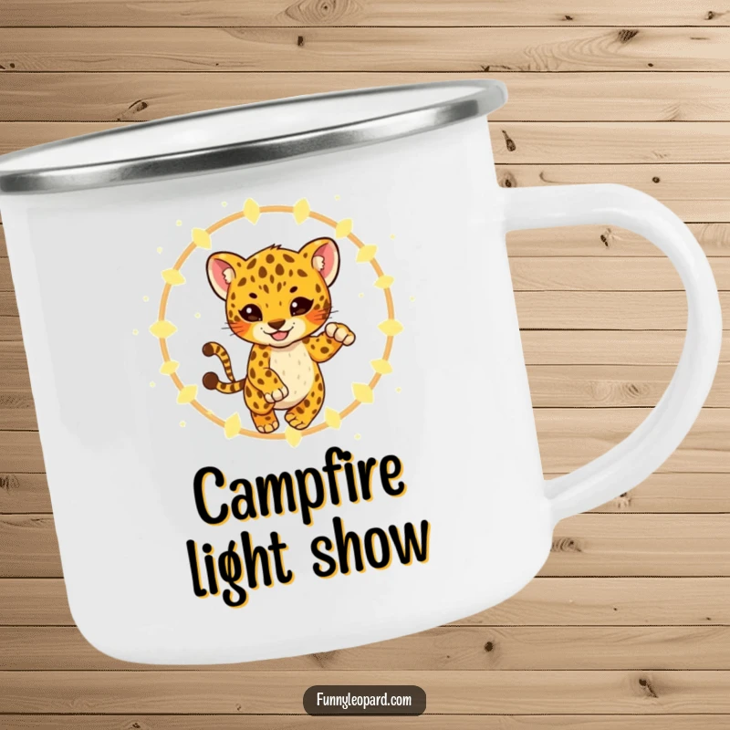 Funny Camping Mug with a playful leopard cub leaping through glowing fireflies, ideal for adding magic to outdoor adventures and drinks.