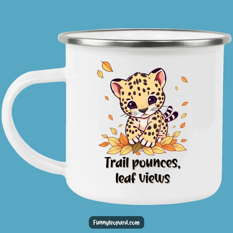 Funny Leopard Cub Pouncing Leaves Camping Mug: Adventure Ready