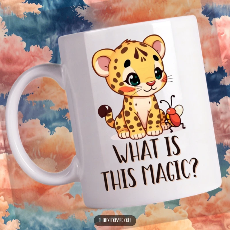 Funny mug showcasing a curious leopard cub cub tilting its head inquisitively at a small, wiggling bug.