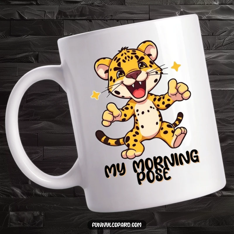 Funny mug showcasing an excited leopard character striking a powerful, dynamic action pose, radiating confidence and high energy.