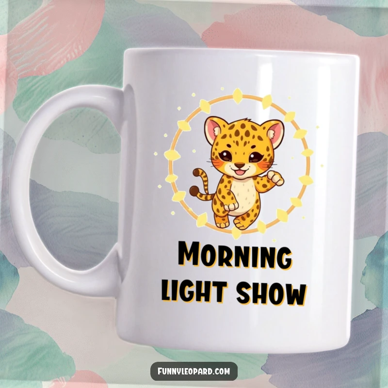 Funny Mug featuring a playful leopard cub leaping joyfully through a hoop of glowing fireflies, embodying childhood wonder and fun.
