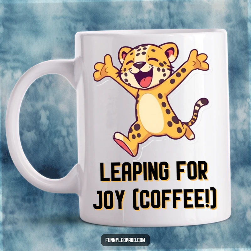 Funny mug featuring a stylized leopard character performing a joyful, energetic leap high into the air with excitement.