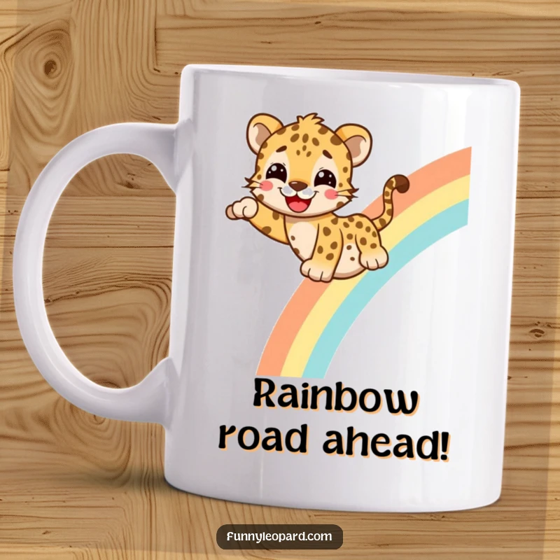 Funny Mug featuring a cheerful leopard with a happy grin, joyfully sliding down a vibrant rainbow, spreading laughter and good vibes.