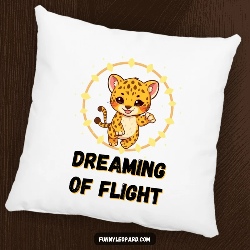 Funny Pillow featuring a playful leopard cub leaping through glowing fireflies, offering soft comfort and a touch of magical wonder.