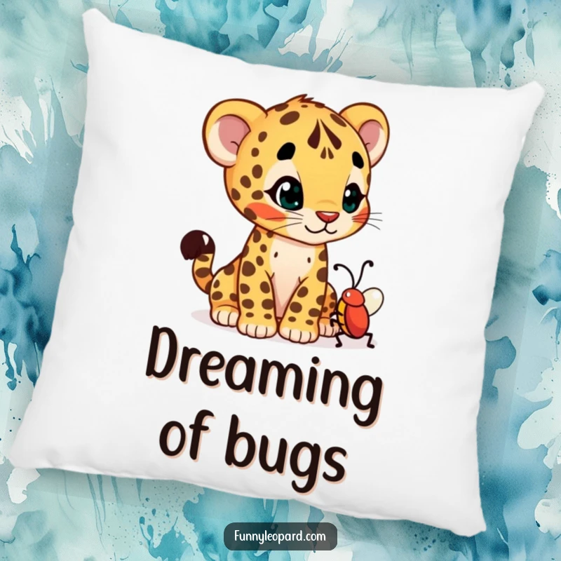 Funny pillow featuring a curious leopard cub cub tilting its head at a wiggling bug, perfect for cozy contemplation.