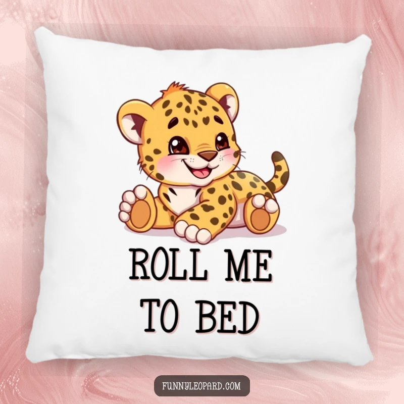 Funny pillow featuring a playful leopard cub cub rolling around with a big, happy grin, perfect for relaxation.