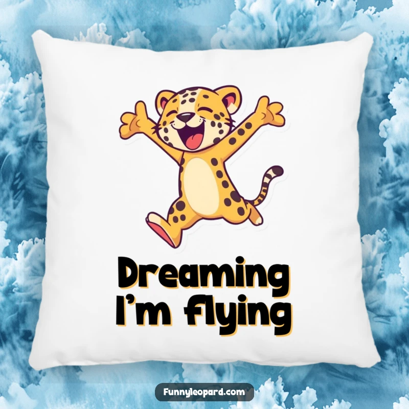 Funny pillow showcasing a stylized leopard in an energetic leap, bringing a touch of wild elegance and comfort.