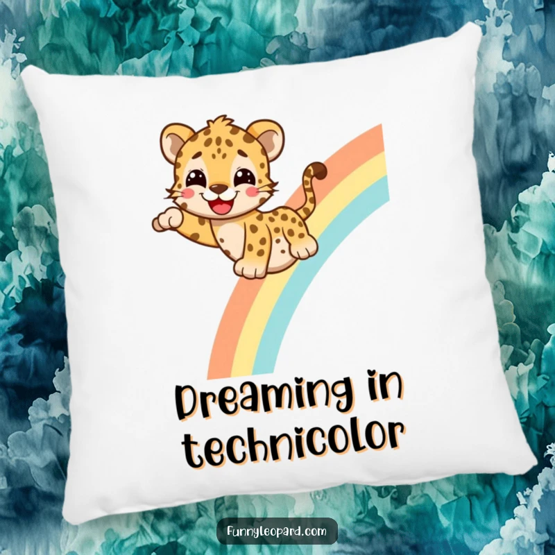 Funny Pillow with a cheerful leopard character gleefully sliding down a rainbow, offering comfort and a humorous, vibrant touch to any room.