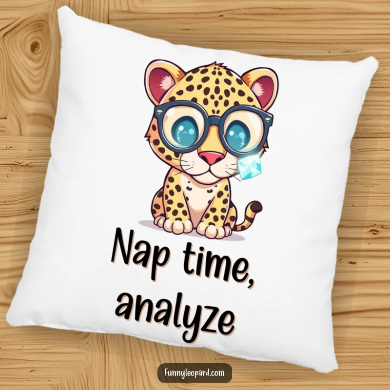 Funny Pillow featuring a curious leopard in oversized glasses examining a sparkling gemstone, adding a touch of whimsical comfort.