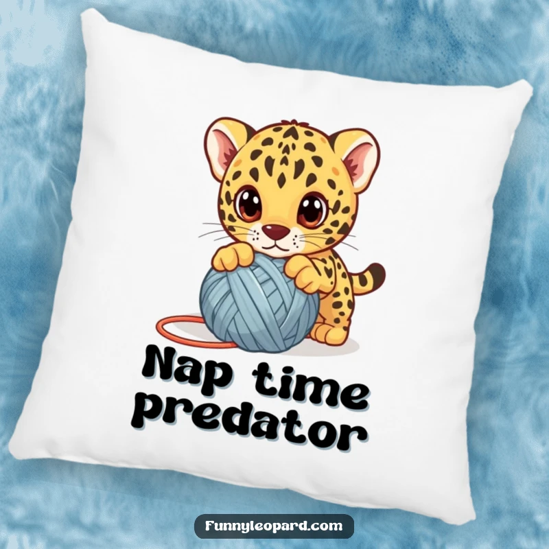 Funny leopard cub pillow, a cute kitten playfully pouncing on a yarn ball with big eyes, soft and cute accent.