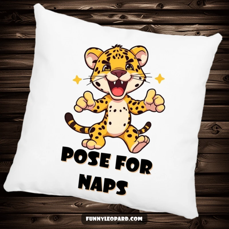 Funny pillow showcasing an excited leopard in a dramatic dynamic pose, adding a touch of fierce energy and comfort to seating.