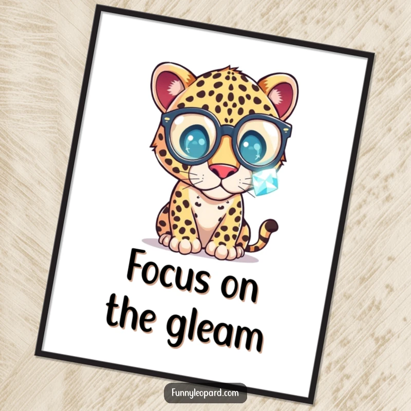 Funny Digital Art Print of a whimsical leopard in oversized glasses, curiously examining a sparkling gemstone, perfect for adding wit and charm.