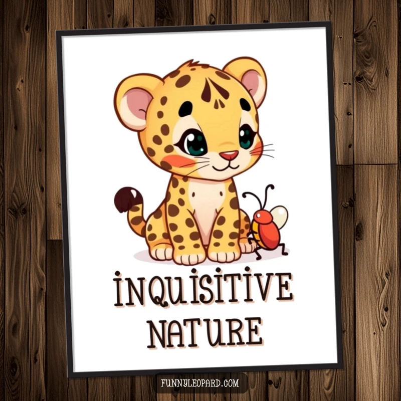 Funny digital art print of a curious leopard cub cub tilting its head at a wiggling bug, capturing innocent fascination.