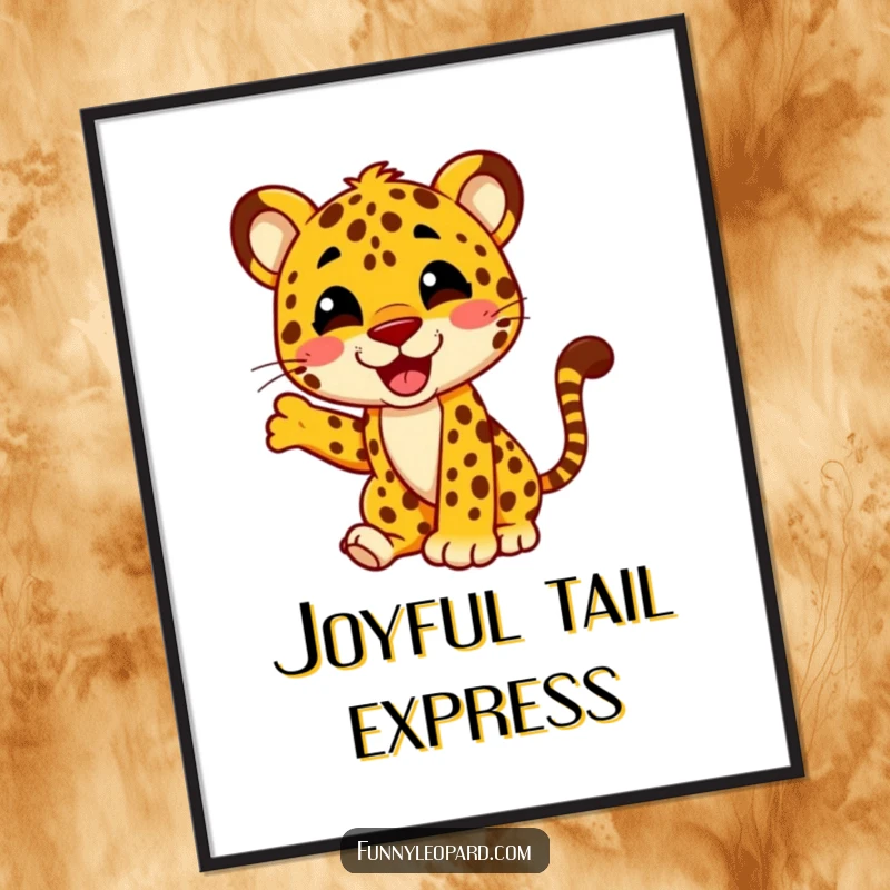 Funny digital art print of a leopard character energetically wagging its tail with pure glee, perfect for adding instant cheer.