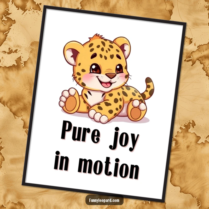 Funny digital art print of a playful leopard cub cub rolling with a huge grin, embodying pure, uninhibited joy.