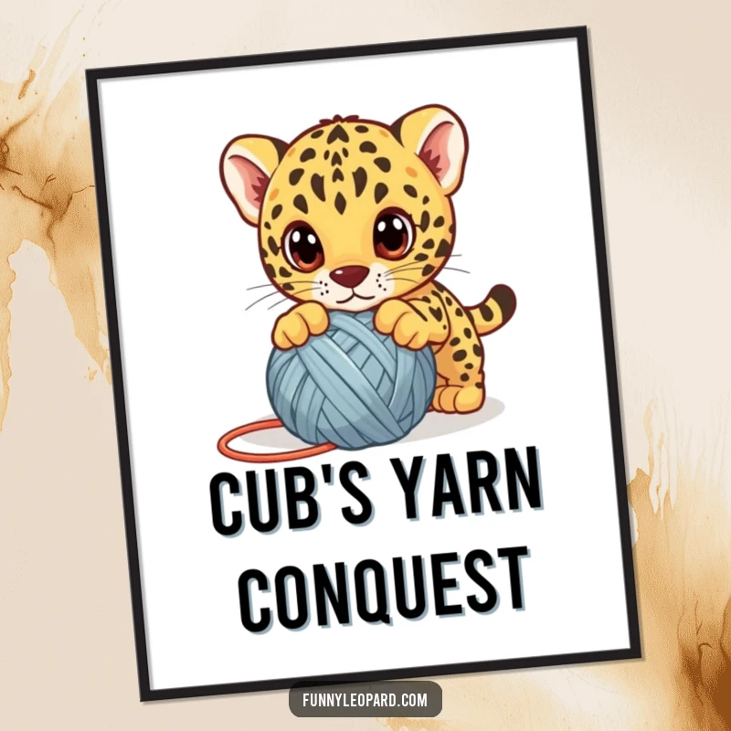 Funny leopard cub digital art print, a cute kitten playfully pouncing on a yarn ball with big eyes, instant cute decor.