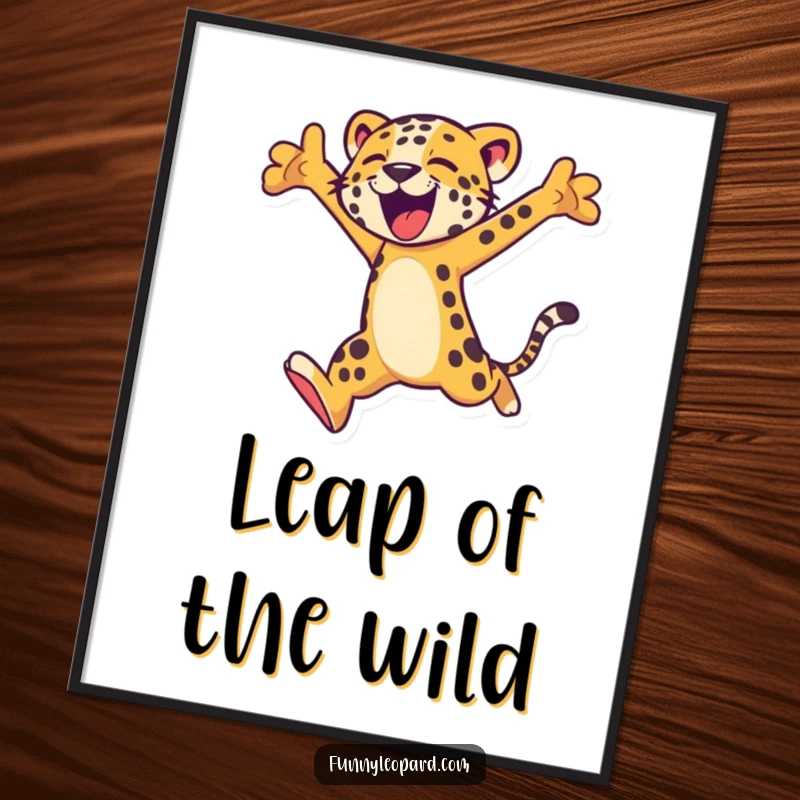 Funny digital art print of a stylized leopard character captured mid-energetic leap, embodying power, joy, and movement.