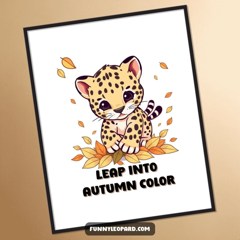 Funny digital art print of a joyful leopard cub playfully pouncing on a cascade of autumn leaves, perfect for instant home decor.