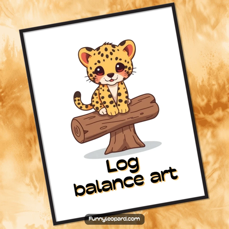 Funny digital art print of a leopard cub playfully balancing on a fallen log, perfect for adding sweet charm to any room.