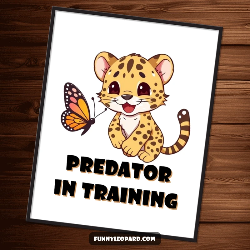 Funny digital art print of a happy leopard cub character playfully pouncing on a butterfly, capturing adorable, energetic fun.