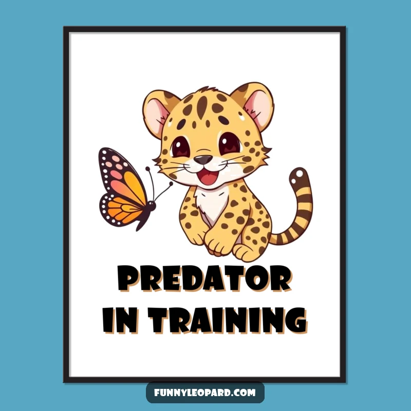 Funny Leopard Cub Pouncing Butterfly Digital Print: Instant Joy!