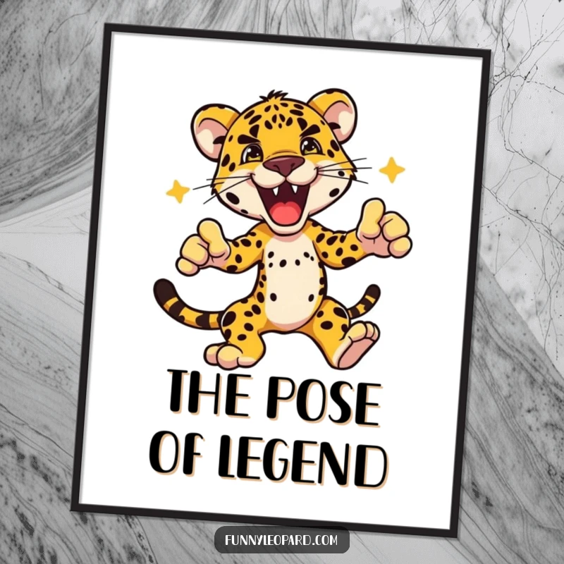 Funny digital art print of a leopard character striking an exciting dynamic pose, perfect for adding instant bold energy to any room.