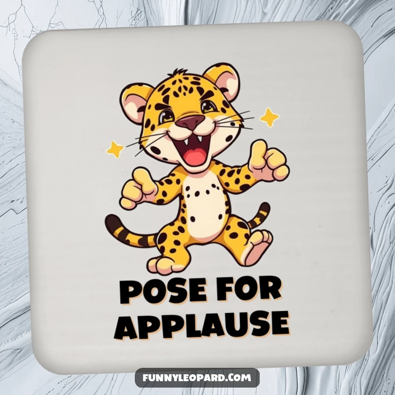Funny drink coasters showcasing a powerful leopard character in an exciting dynamic pose, adding a touch of fierce elegance to beverages.