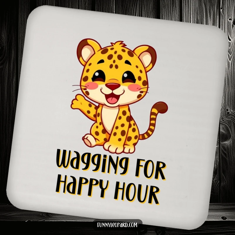 Funny drink coasters showing a happy leopard character wagging its tail with glee, protecting surfaces with cheerful charm.