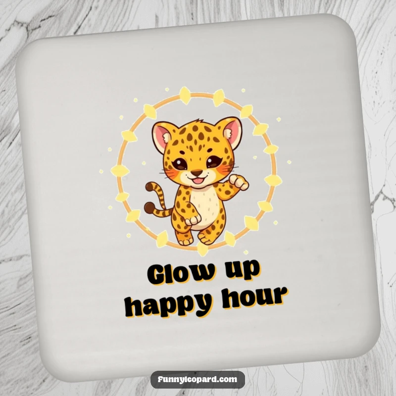 Funny Coasters featuring a playful leopard cub leaping through glowing fireflies, offering magical surface protection with an enchanting design.