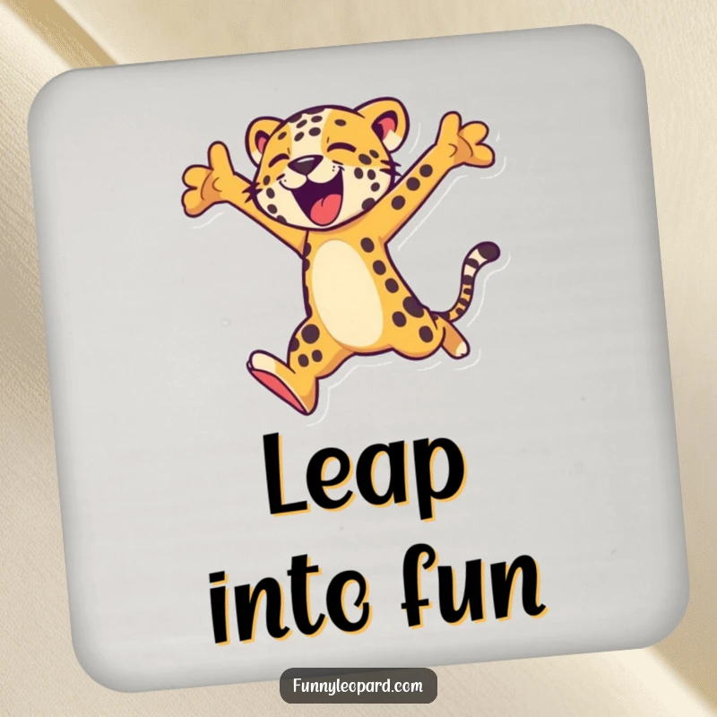 Funny drink coaster showcasing a stylized leopard in a powerful leap, adding a touch of art and humor to any surface.