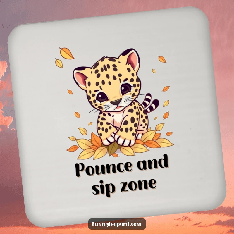Funny drink coasters depicting a cute leopard cub energetically pouncing on autumn leaves, adding a touch of playful charm to drinks.