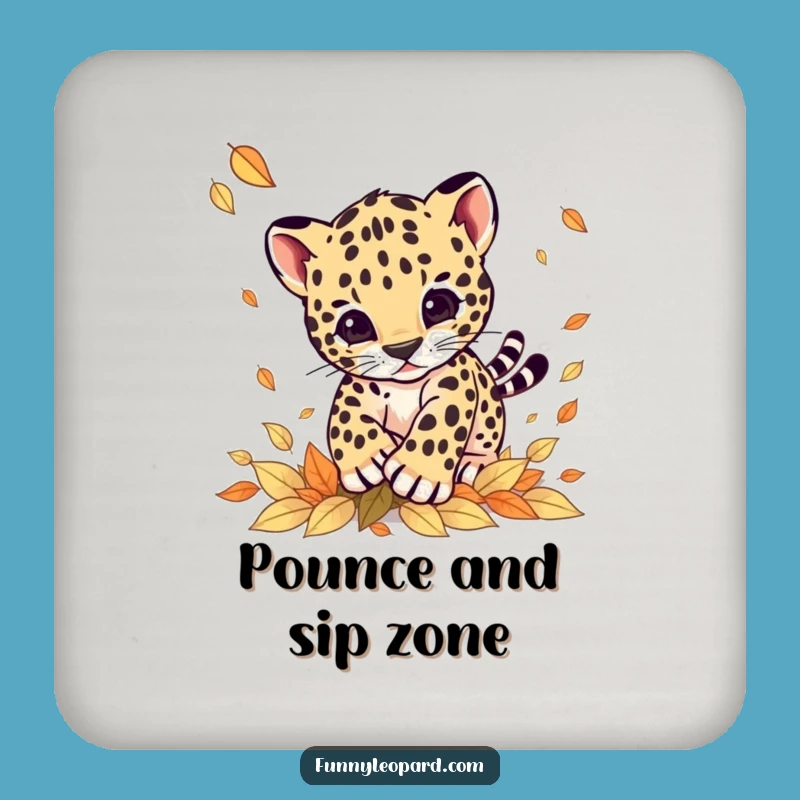 Funny Leopard Cub Pouncing Leaves Coaster Set: Protect Surfaces Hilariously