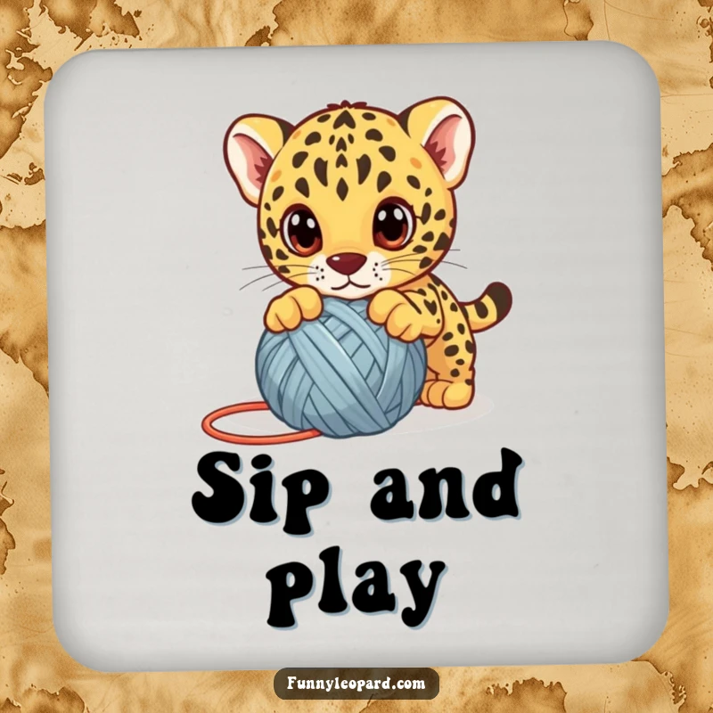Funny leopard cub coaster, a cute kitten playfully pouncing on a yarn ball with big eyes, protecting surfaces with charm.
