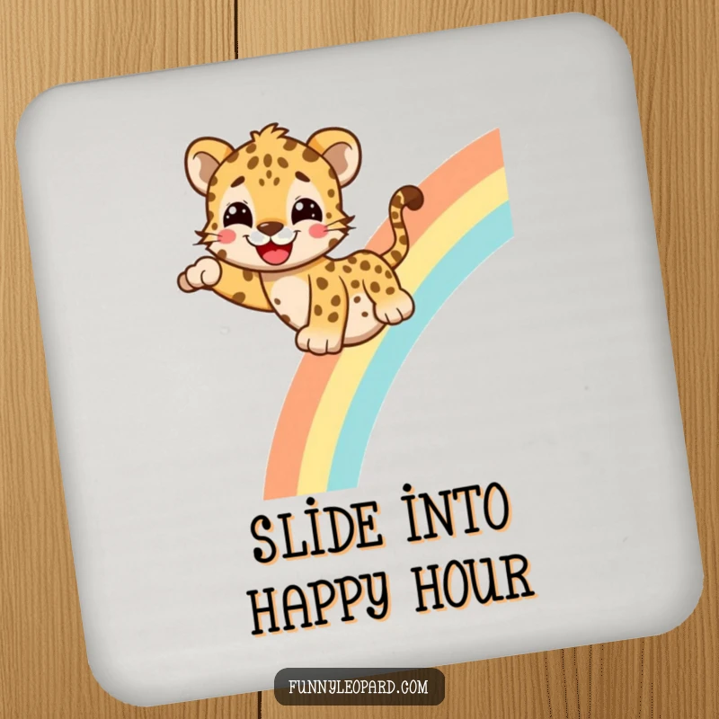 Funny Coasters featuring a cheerful leopard sliding down a rainbow, protecting surfaces with a humorous and colorful design.
