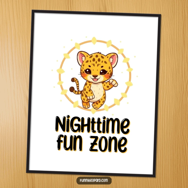 Funny Poster depicting a playful leopard cub energetically leaping through a hoop of luminous fireflies, creating a magical and joyful scene.