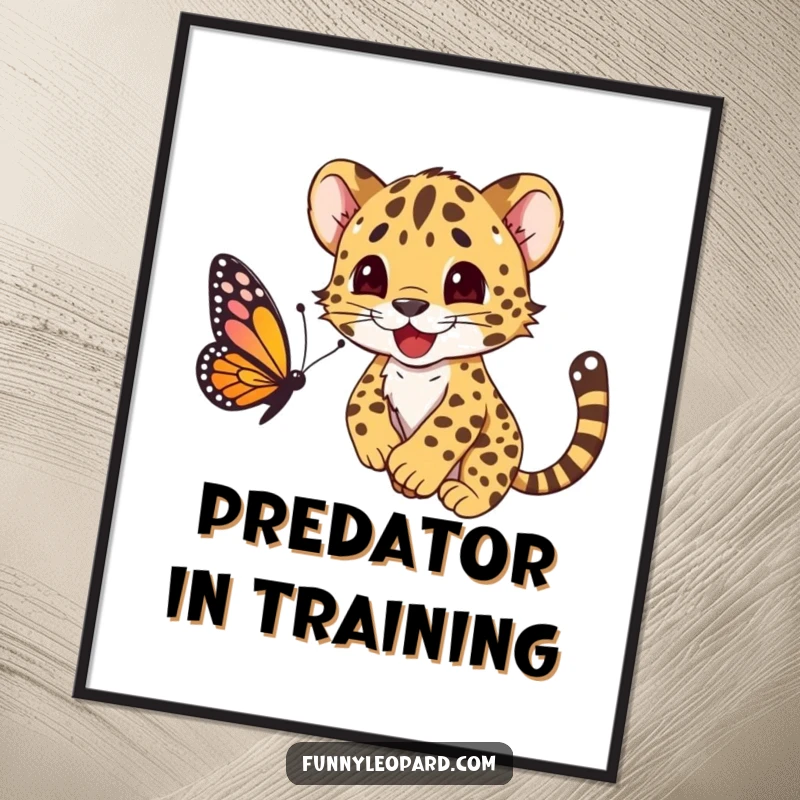 Funny poster print of a happy leopard cub character playfully leaping after a butterfly, radiating pure, unadulterated fun.