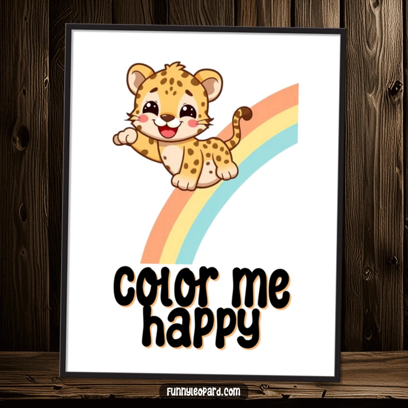 Funny Poster showcasing a cheerful leopard character joyfully sliding down a rainbow with a huge happy grin, creating a vibrant, humorous scene.