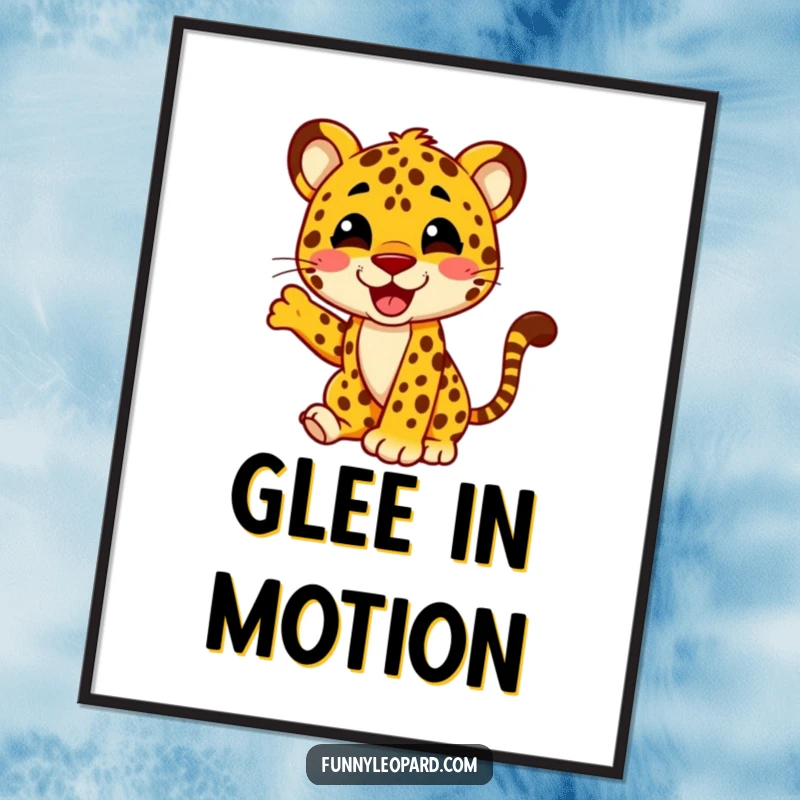 Funny poster showcasing a leopard character wagging its tail with extreme glee, capturing infectious happiness and playful energy.