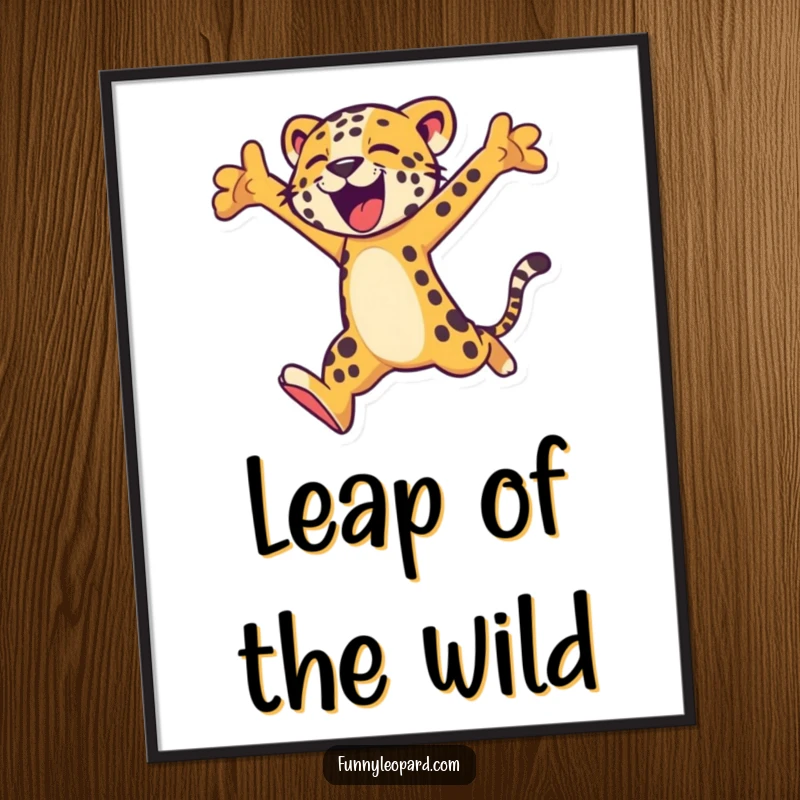 Funny poster featuring a stylized leopard character captured mid-leap, radiating power, energy, and a sense of joyful freedom.