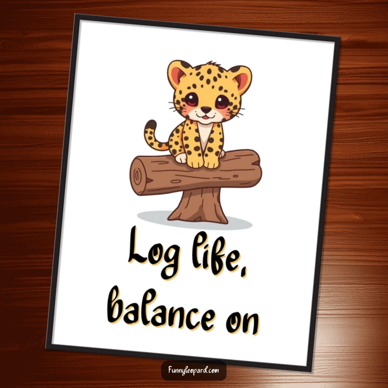 Funny poster showcasing a cute leopard cub in a playful balancing pose atop a fallen log, celebrating natural agility and charm.