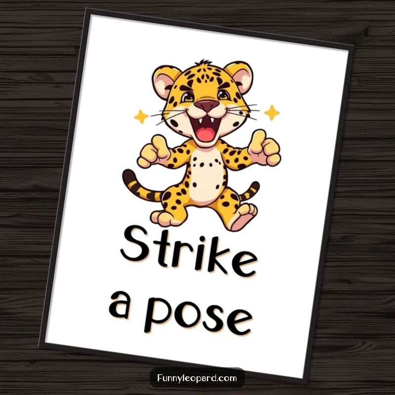 Funny poster capturing a leopard character in a thrilling, dynamic pose, conveying intense energy and dynamic movement for wall decor.